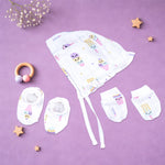 Boonbabies printed muslin baby knot cap, mittens, and booties set for 6-24 months, soft and cozy newborn accessories combo.