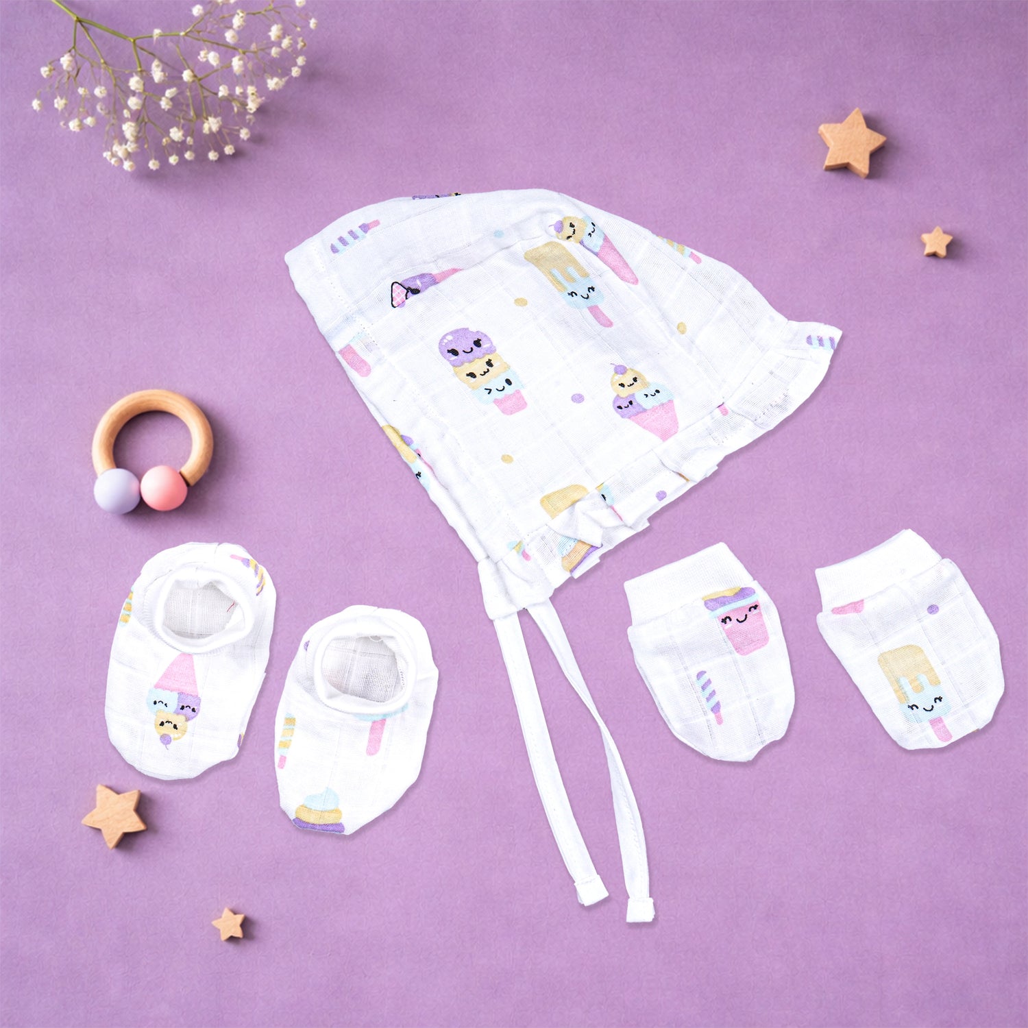 Boonbabies printed muslin baby knot cap, mittens, and booties set for 6-24 months, soft and cozy newborn accessories combo.