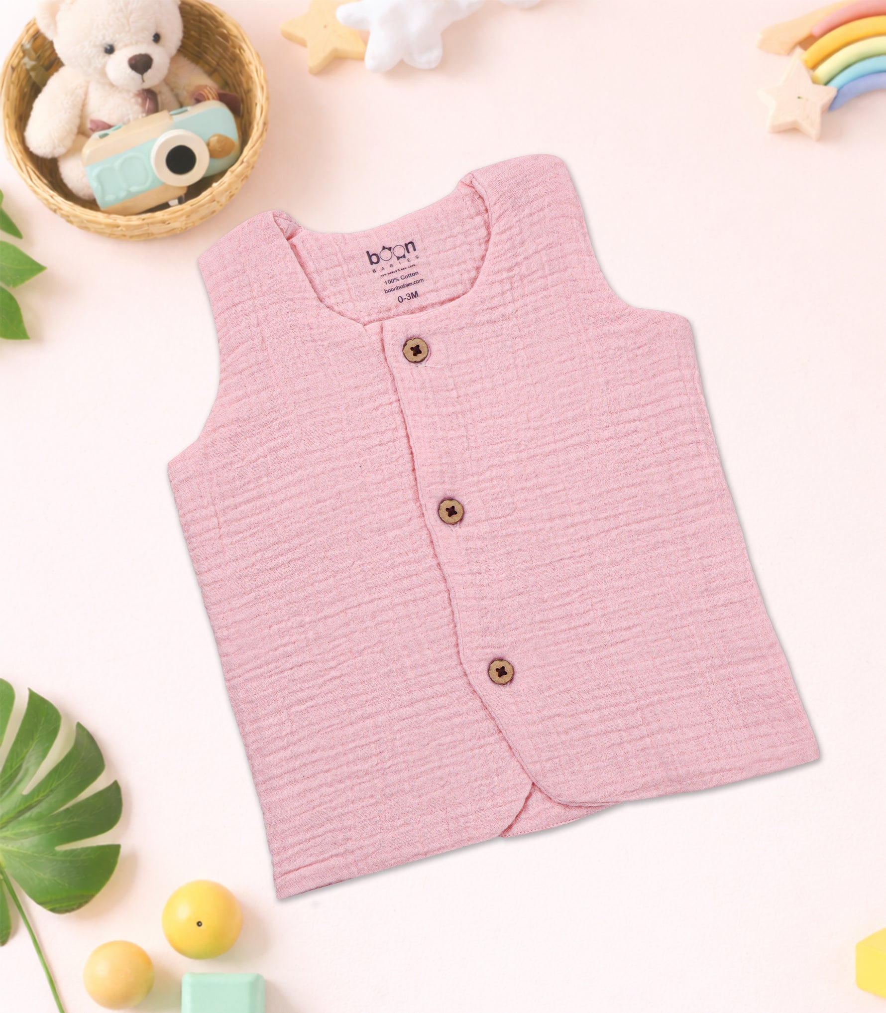 Premium 4-layer crinkled muslin jabla with wooden buttons – soft, breathable & perfect for newborns and toddlers (NB–6M).