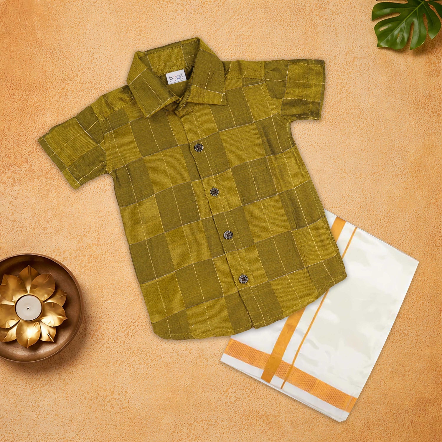 Classic green checked silk cotton shirt with traditional dhoti—perfect festive ethnic wear for boys.