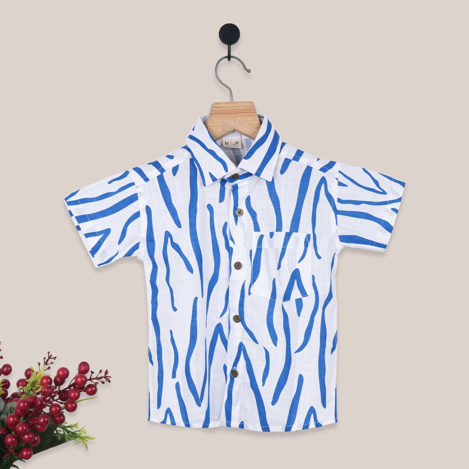 Boys Straight Collar Cotton Shirt – Blue Abstract Casual Style
