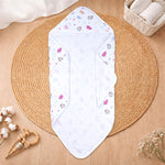 Boonbabies printed 2-layer muslin hooded baby towel with soft fabric, 70x70 cm wrap blanket for newborns in gentle print design.