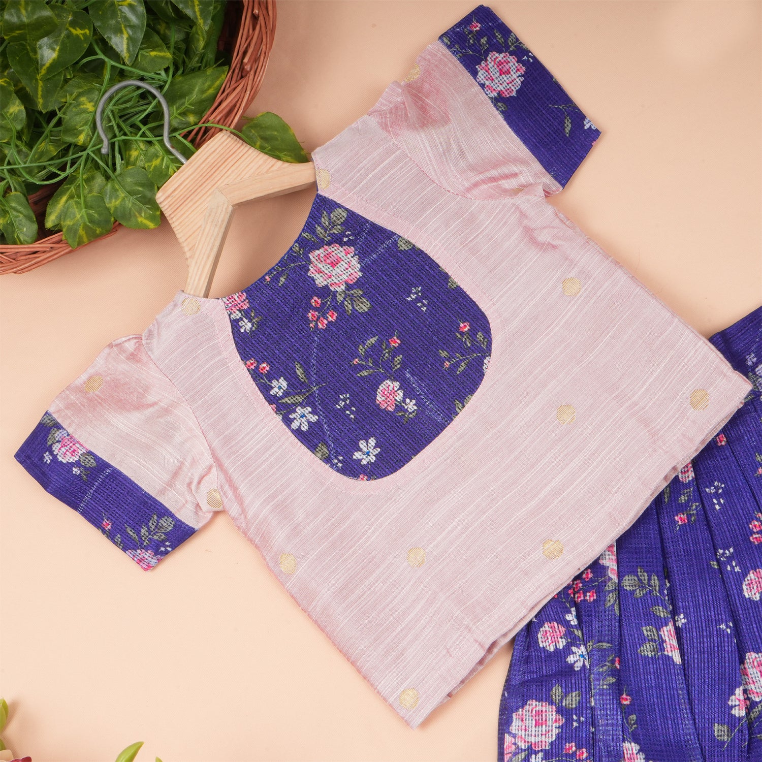 Pink and purple floral ethnic skirt set with matching top from Boon Babies, featuring traditional patterns and vibrant fabric.
