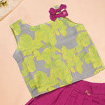 Girls leaf printed ethnic top and magenta pleated skirt set from Boon Babies, featuring a stylish, colorful design.