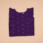 Soft silk ethnic top and skirt set with gold butta print and striped skirt, perfect for traditional and outdoor wear.