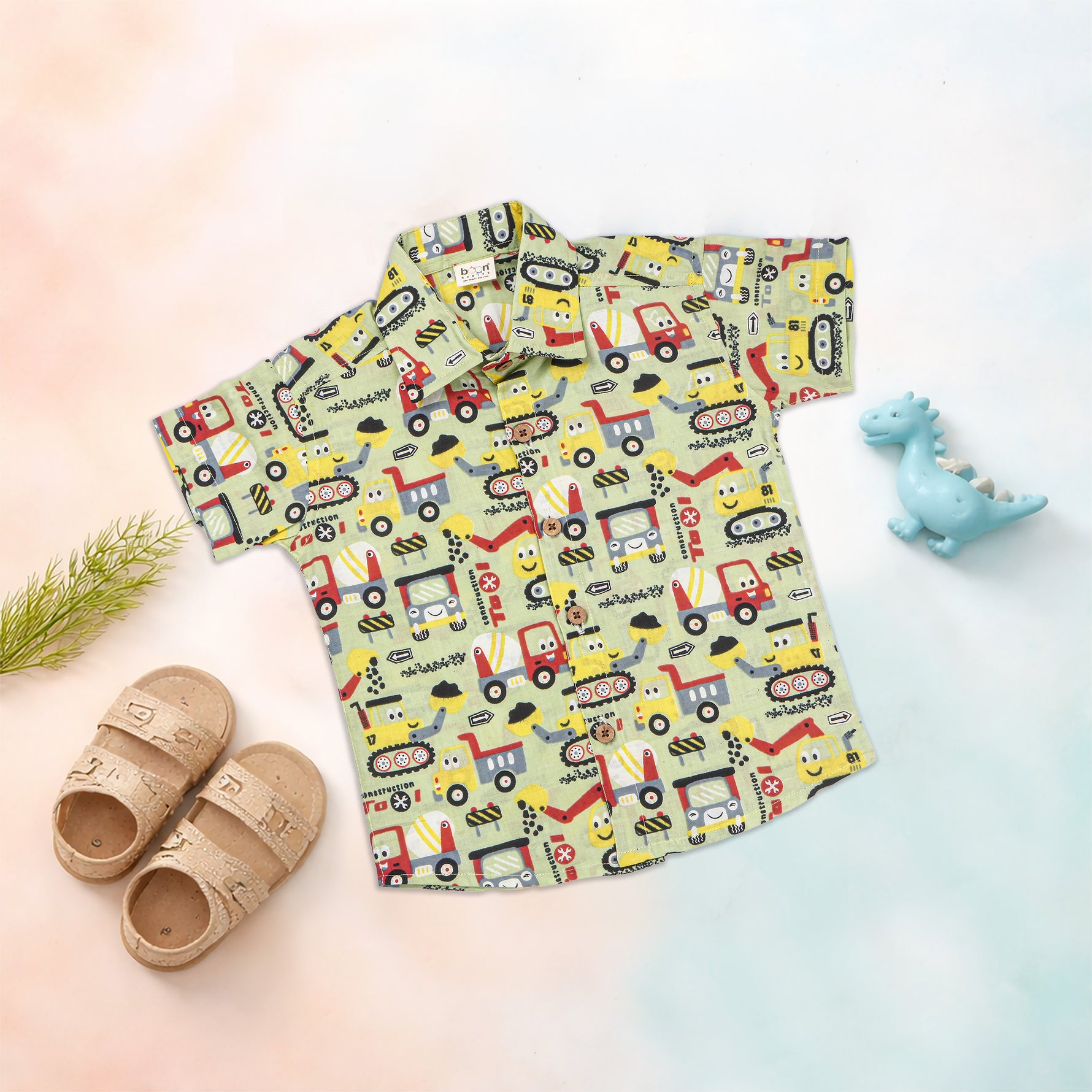 Boon Babies Jaipur cotton shirt and shorts set with printed design, straight collar, breathable summer wear for kids.