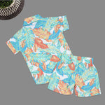 Boys casual co-ord set by Boon Babies featuring a printed cotton shirt with straight collar and matching shorts.