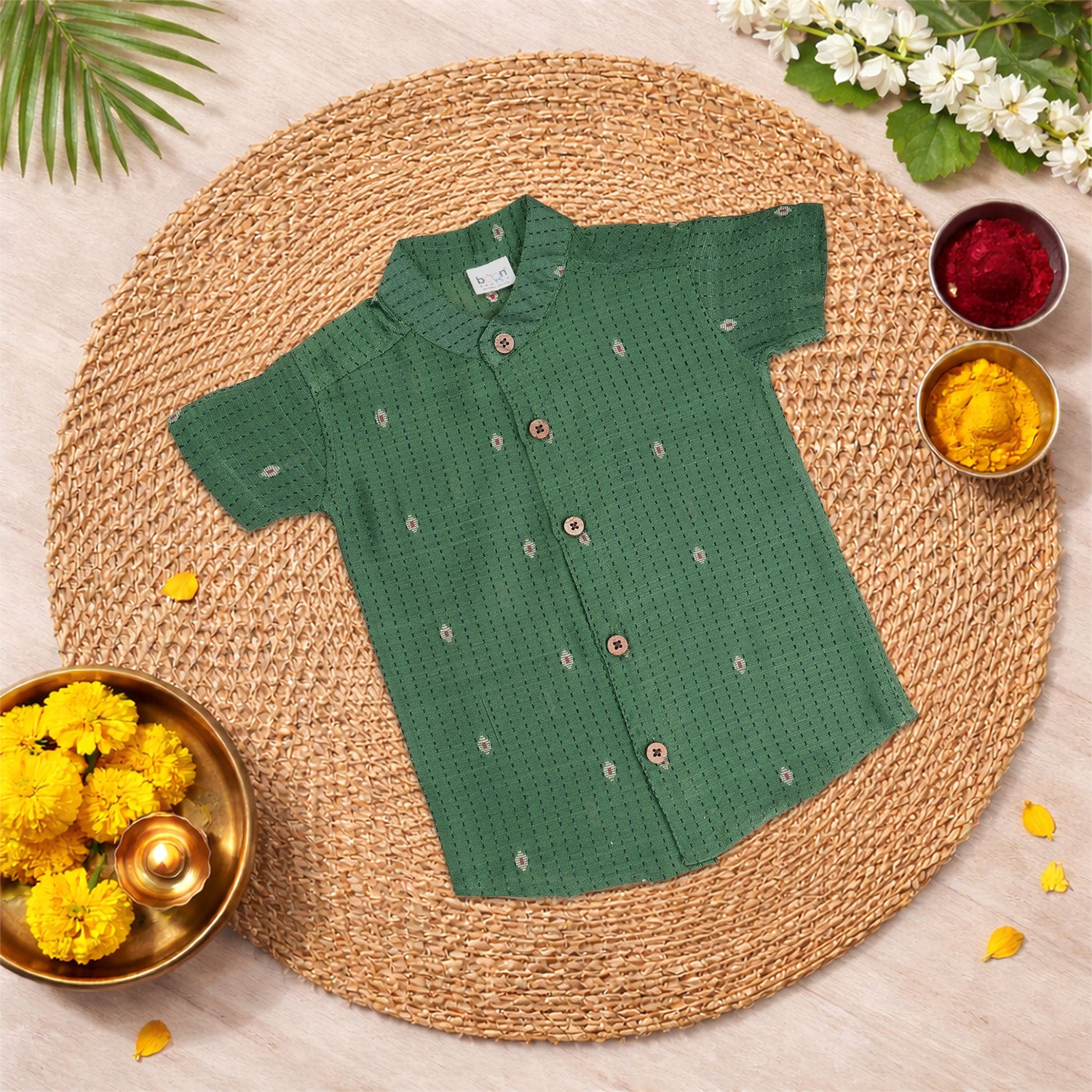 Elegant green silk cotton shirt with classic dhoti—perfect for festive and traditional occasions.
