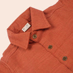 Boys cotton printed straight collar shirt in burnt orange, casual style by Boon Babies, with a relaxed fit and button front.