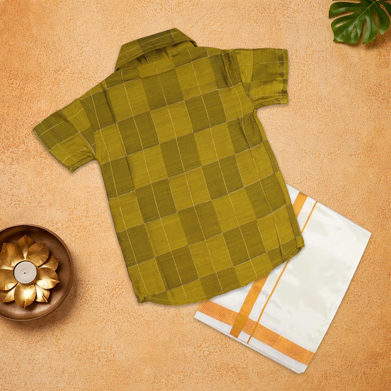 Classic green checked silk cotton shirt with traditional dhoti—perfect festive ethnic wear for boys.