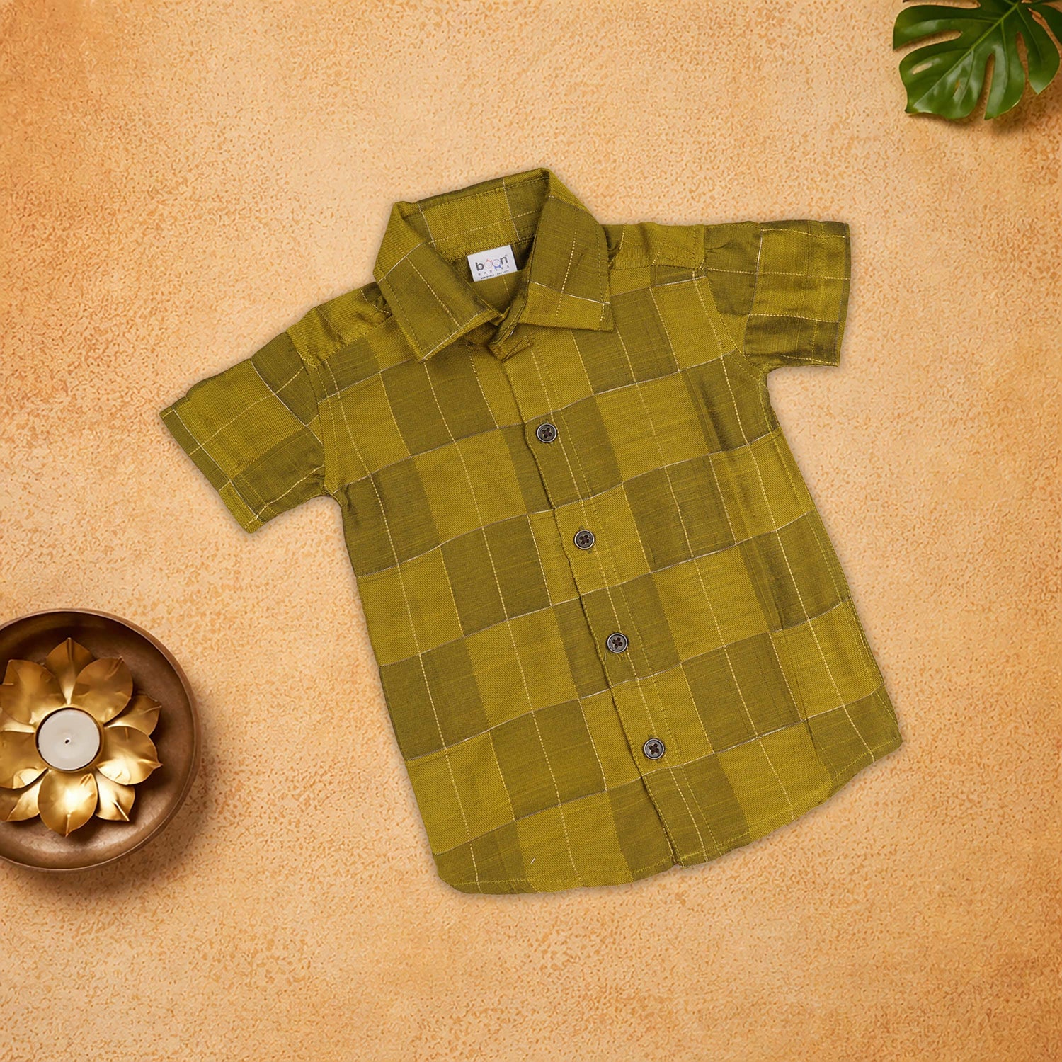 Classic green checked silk cotton shirt with traditional —perfect festive ethnic wear for boys.
