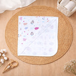 Boonbabies 2-layer muslin hooded baby towel with printed design, soft and absorbent for newborns, measuring 70x70 cm.
