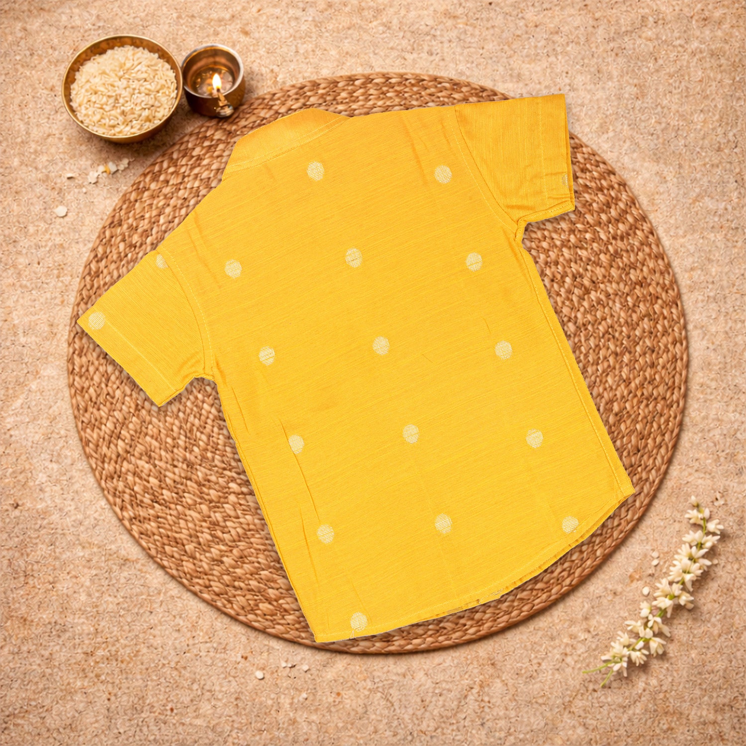 Yellow raw silk ethnic shirt and matching dhoti set for festive wear by Boon Babies, featuring traditional style and elegant fabric.