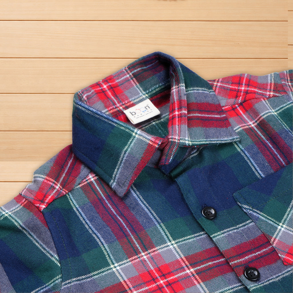 Soft and breathable cotton checked shirt for boys with a mandarin collar—ideal for casual and outdoor wear.