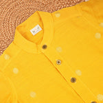 Yellow raw silk ethnic shirt and dhoti set for festive wear by Boon Babies, featuring a solid color design and traditional style.