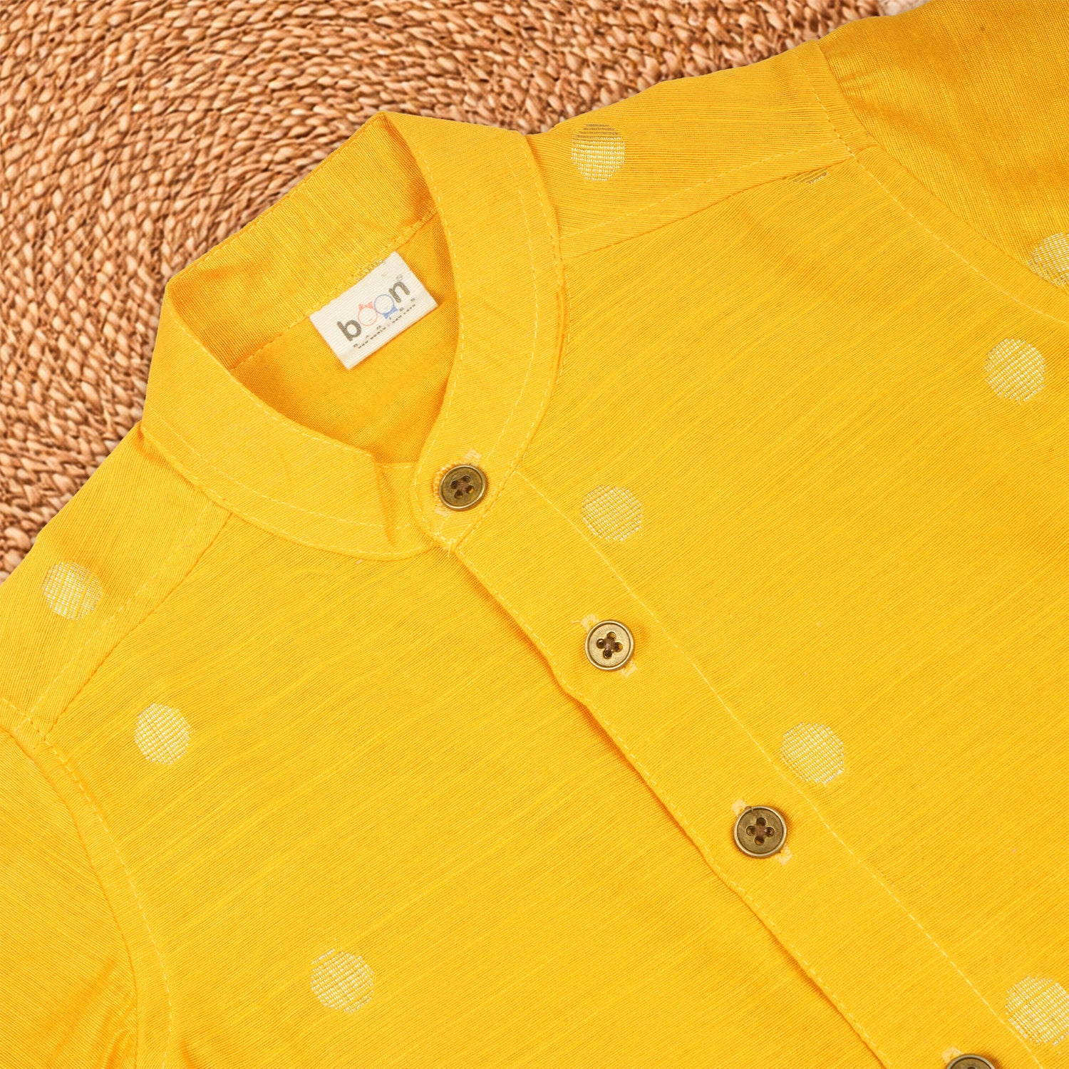 Yellow raw silk ethnic shirt and dhoti set for festive wear by Boon Babies, featuring a solid color design and traditional style.