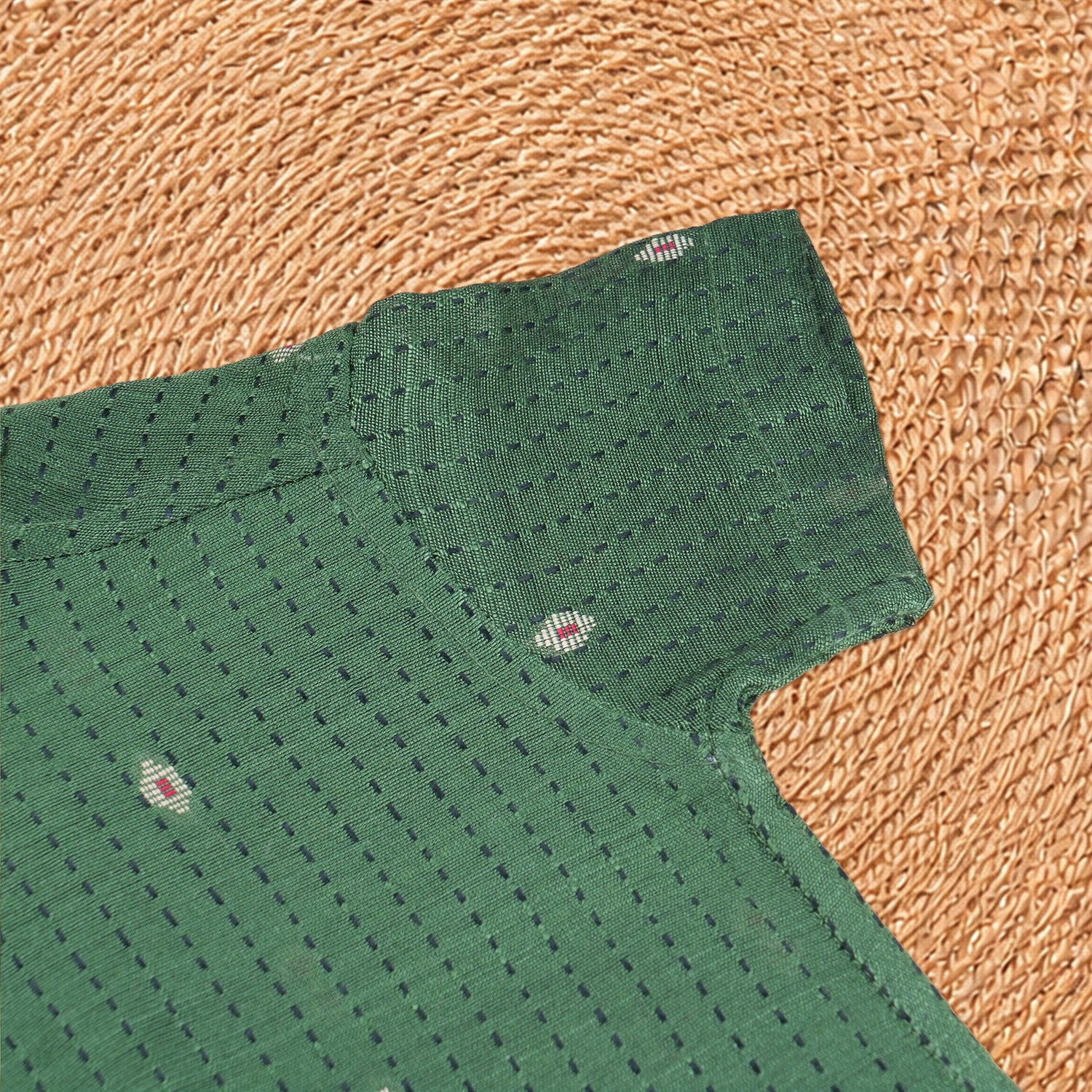 Elegant green silk cotton shirt with classic dhoti—perfect for festive and traditional occasions.
