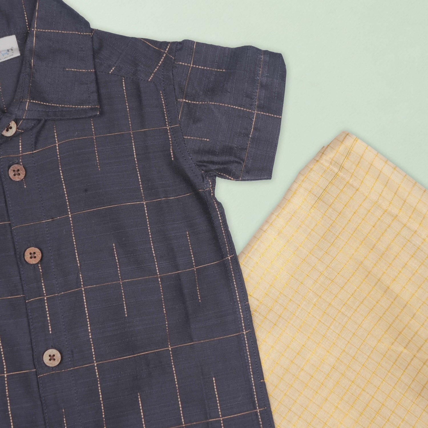 Boys Charcoal Grey Silk Checked Drop Line Shirt & Dhoti Ethnic Set