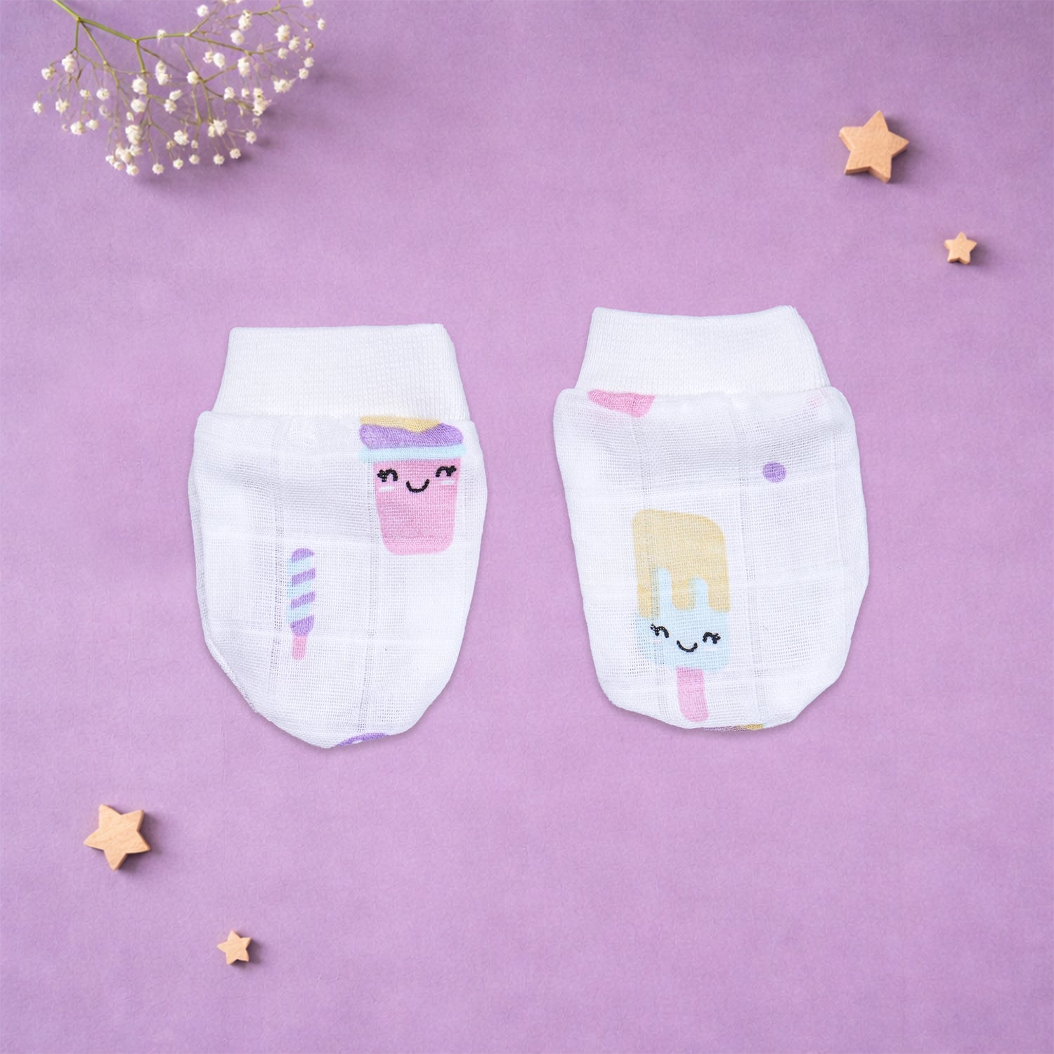 Boonbabies printed muslin baby knot cap, mittens, and booties set for 6-24 months, soft newborn accessories combo.