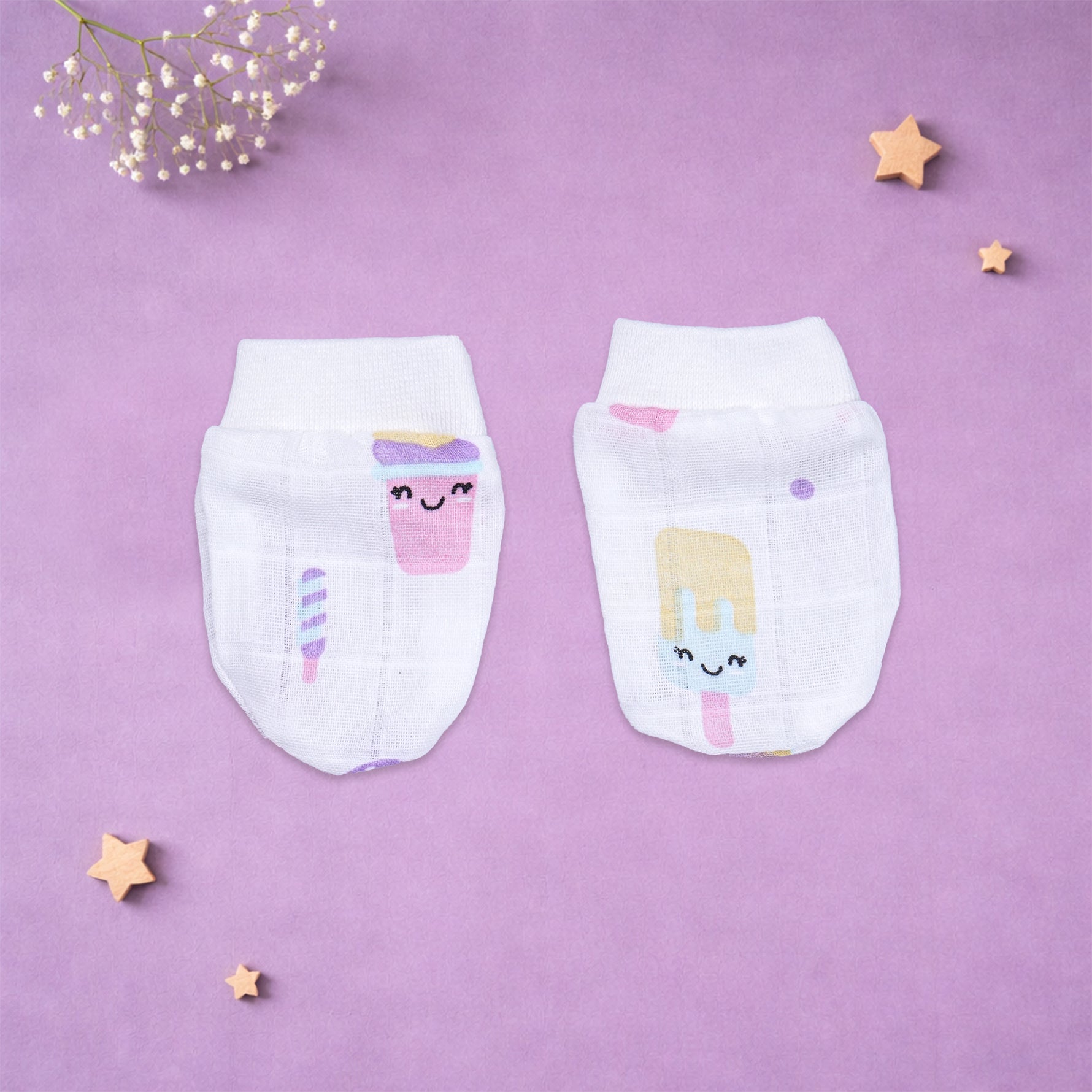 Boonbabies printed muslin baby knot cap, mittens, and booties set for 6-24 months, soft newborn accessories combo.