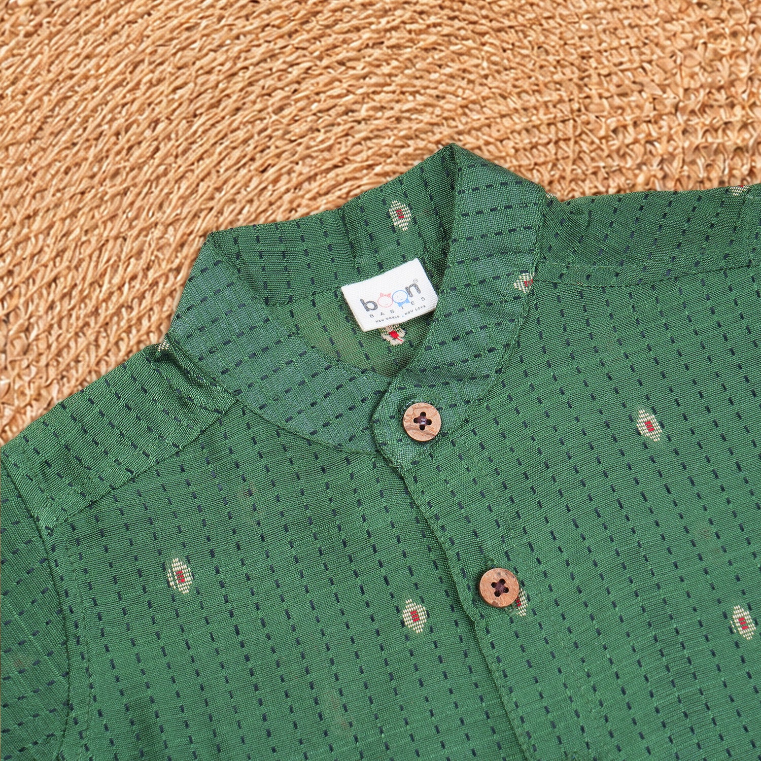 Elegant green silk cotton shirt with classic dhoti—perfect for festive and traditional occasions.
