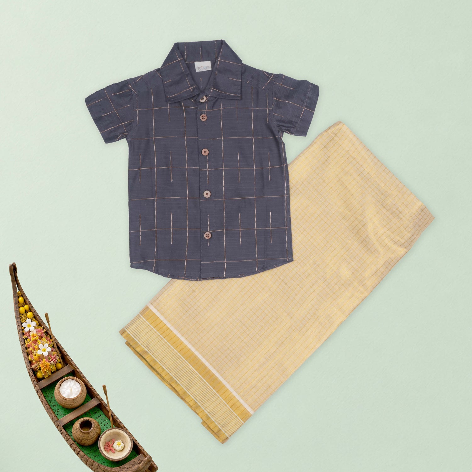 Boys Charcoal Grey Silk Checked Drop Line Shirt & Dhoti Ethnic Set