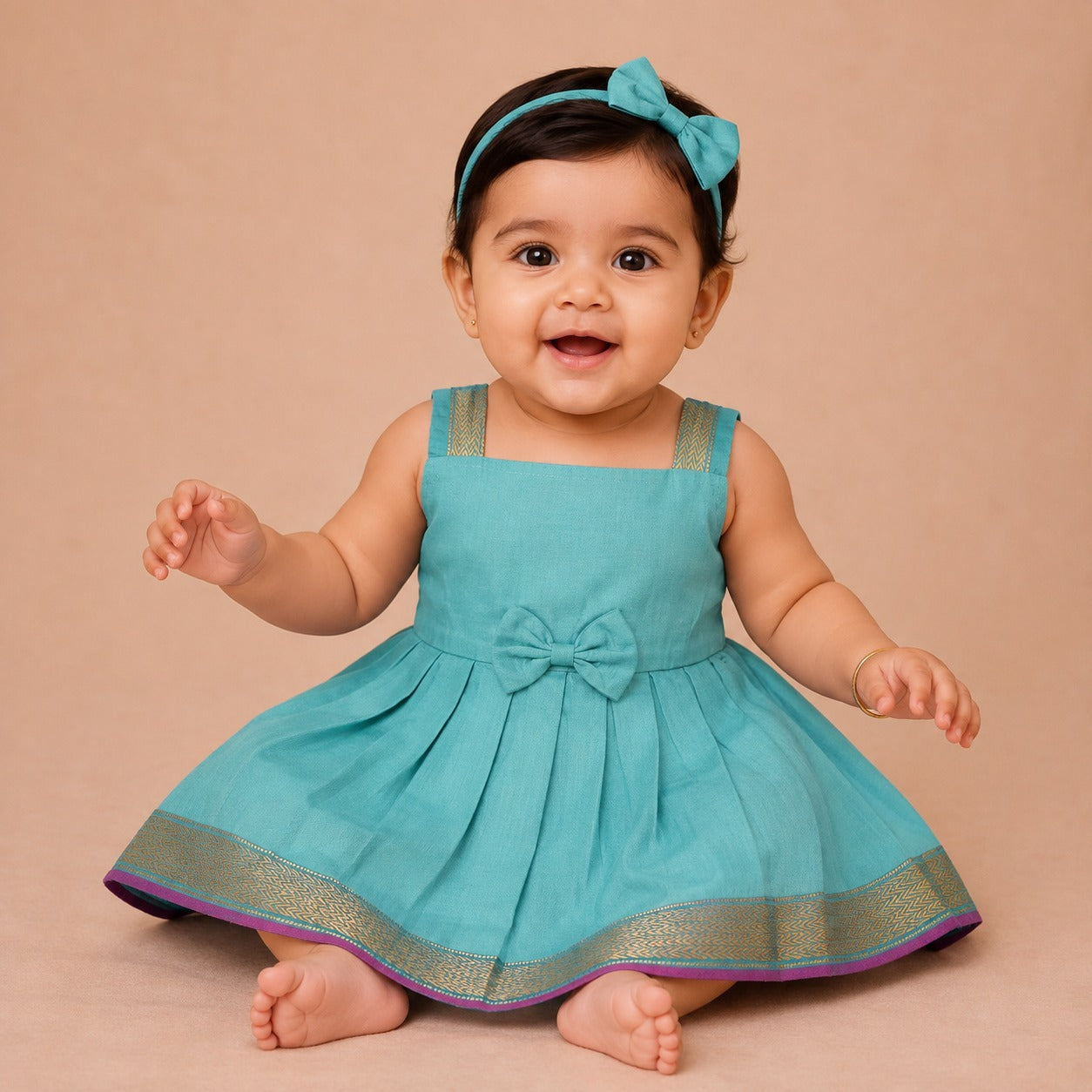 Baby Girl Turquoise Tissue Silk Mangalagiri Border Frock
