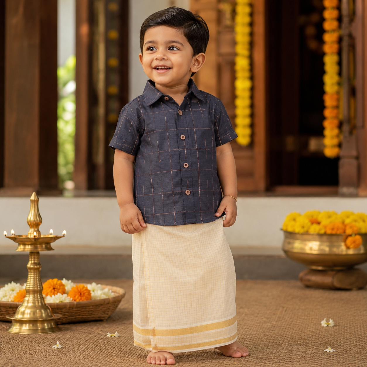 Boys Charcoal Grey Silk Checked Drop Line Shirt & Dhoti Ethnic Set