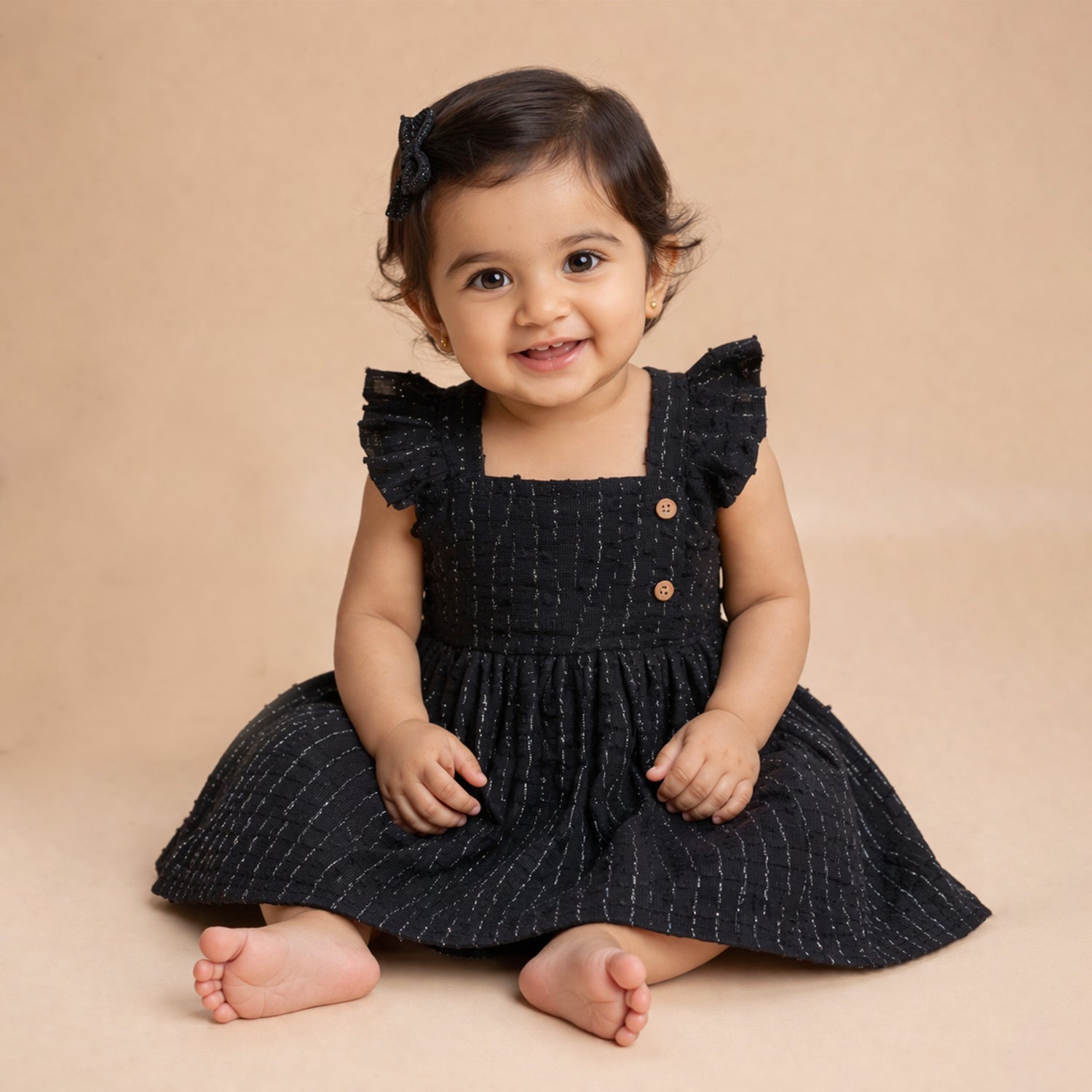 Boonbabies girls solid frill cotton baby dress with soft twill fabric, front view, casual style for ages 6 months to 5 years.
