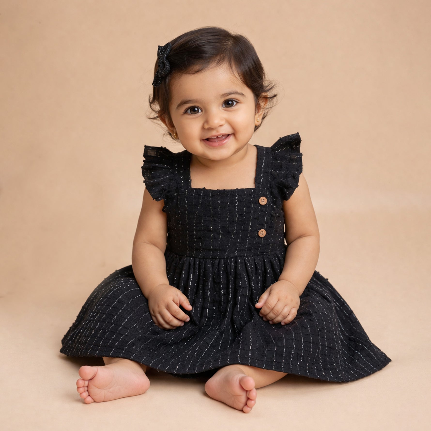Boonbabies girls' solid frill cotton frock for babies and toddlers, soft twill fabric, front view showing cute dress design.