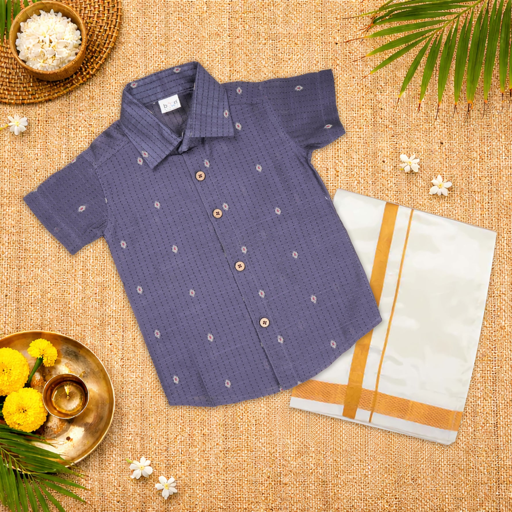 Handloom silk cotton shirt with optional dhoti set for boys — elegant, traditional, and perfect for festive and outdoor ethnic occasions.