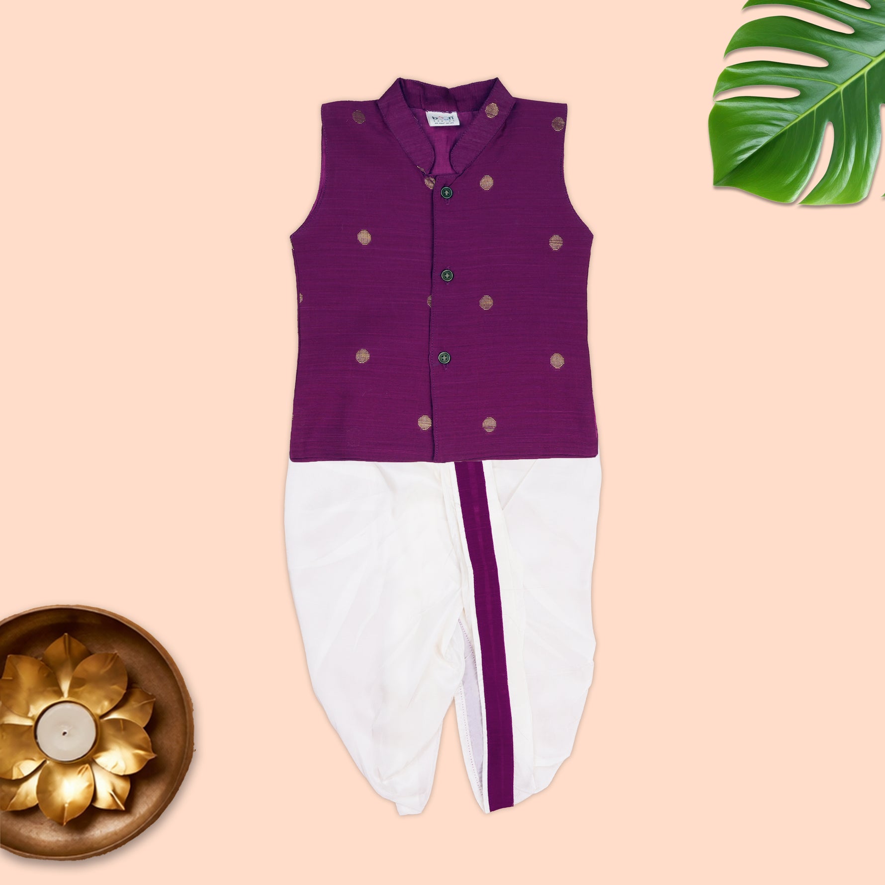 Boon Babies boys ethnic wear set including a mandarin collar shirt and panchagajam, traditional Indian attire for children.
