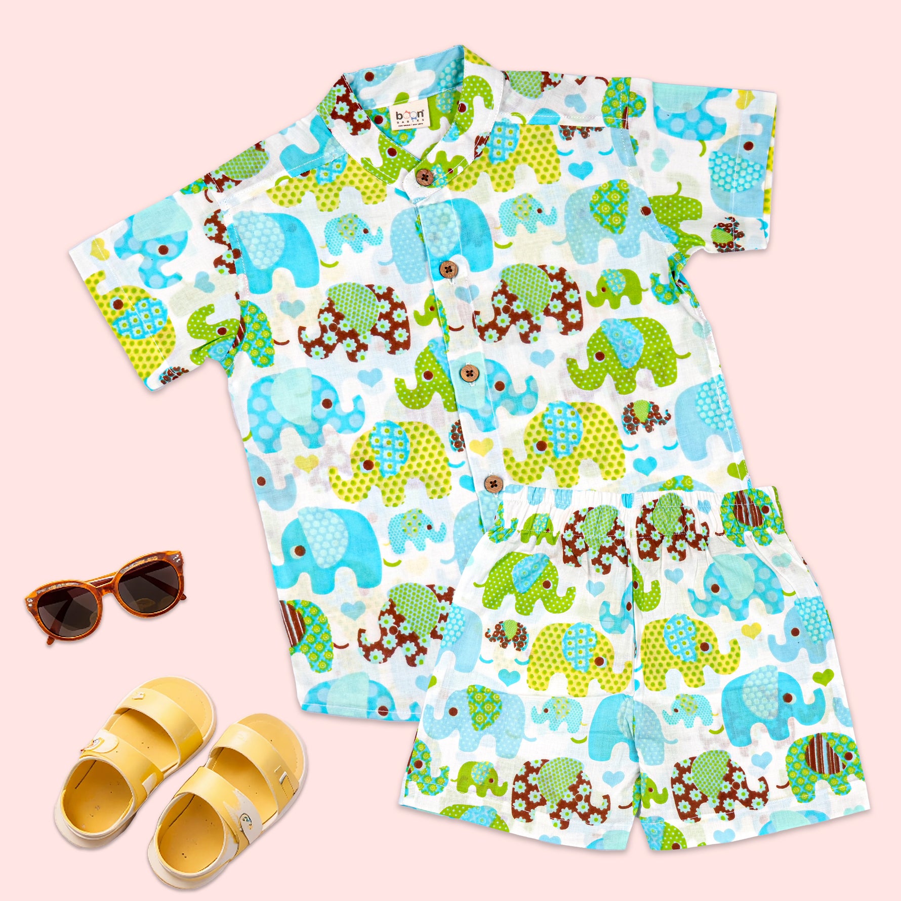 Blue elephant print boys co-ord set with cotton shirt and shorts, featuring a Chinese collar, perfect for summer wear.