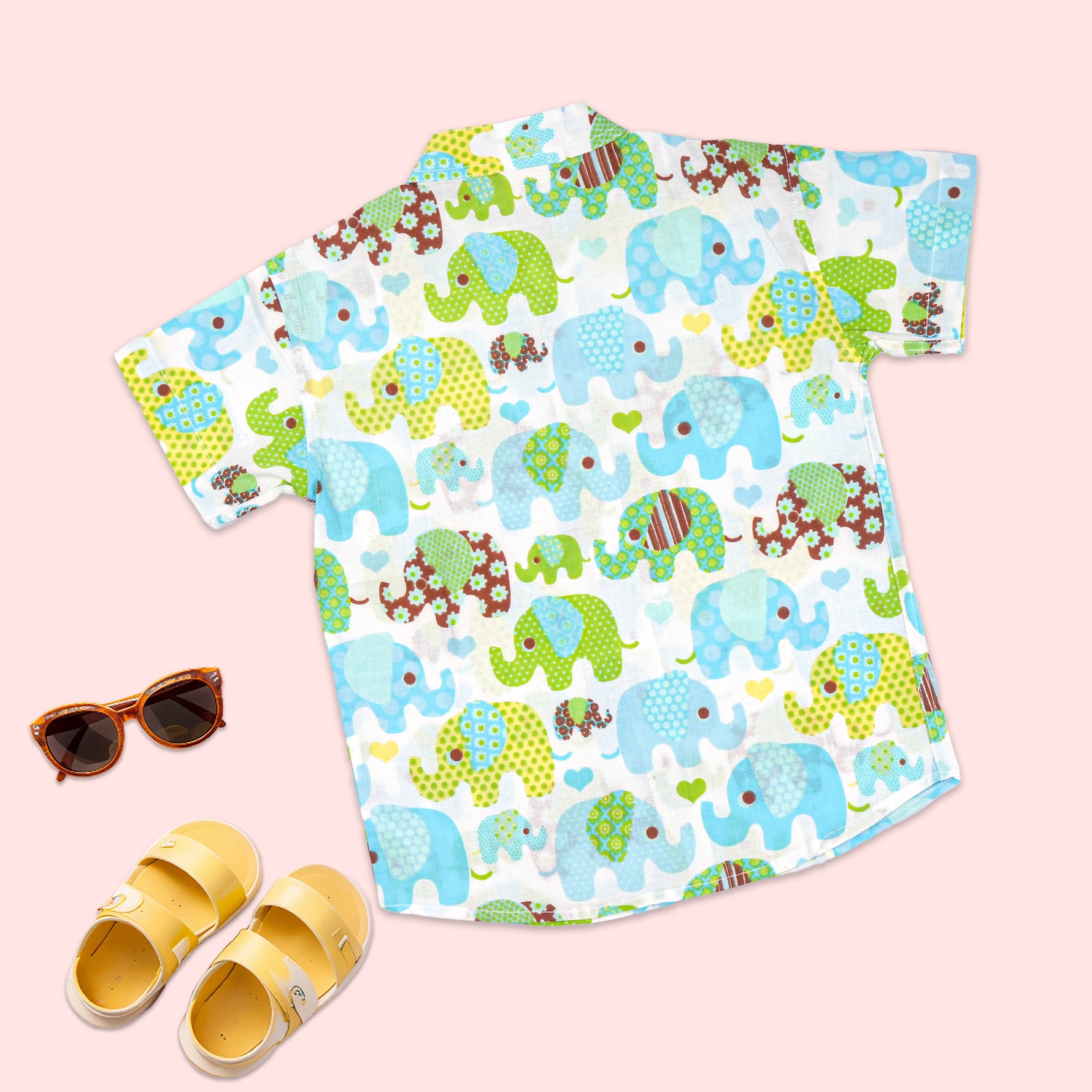 Blue elephant print boys co-ord set with cotton shirt and shorts, featuring a Chinese collar, for ages 6 months to 5 years.