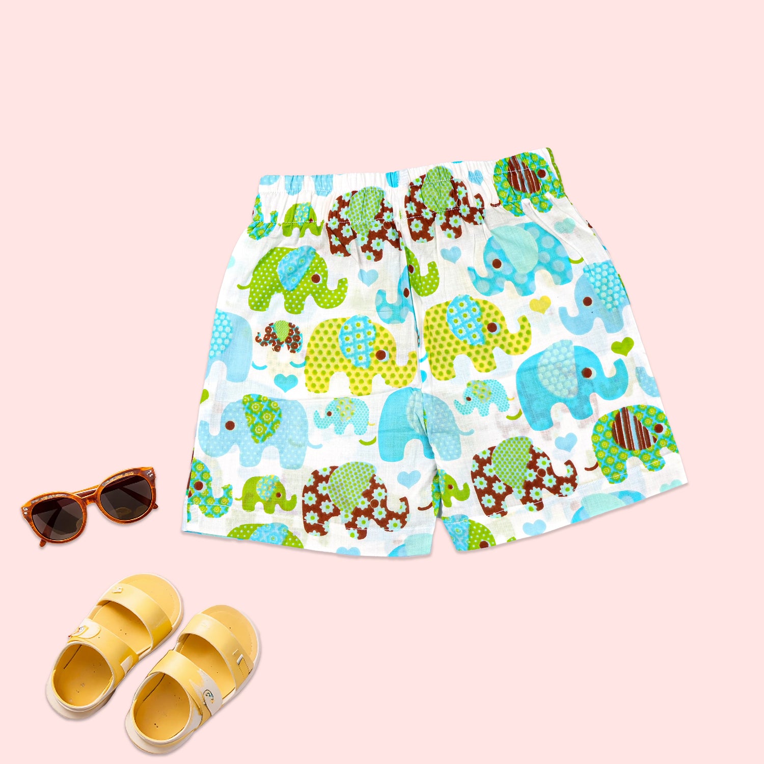 Blue elephant print boys co-ord set with cotton shirt and shorts, featuring a Chinese collar, by Boon Babies for ages 6 months to 5 years.