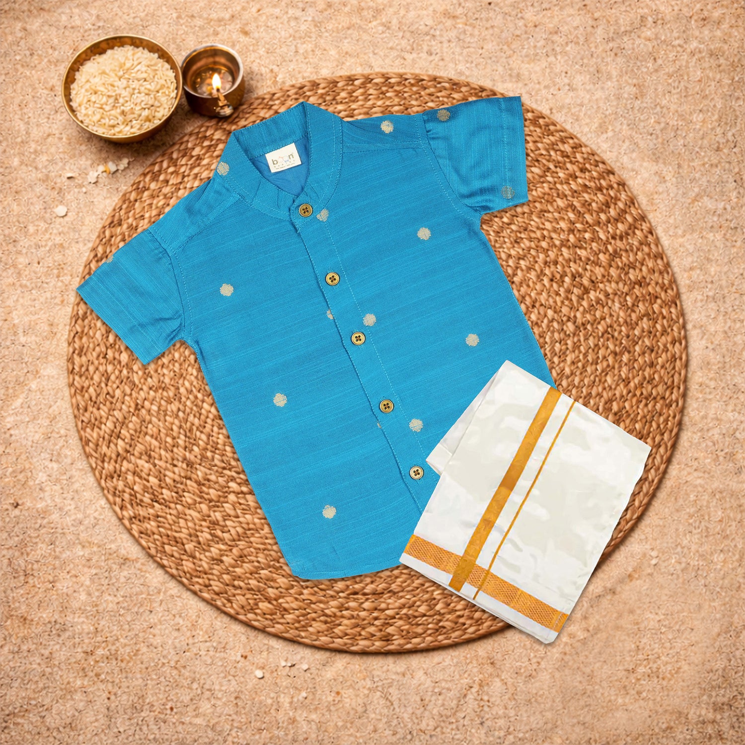 Boys sky blue silk butta shirt and dhoti set, traditional festive ethnic wear for boys, by Booon Babies.