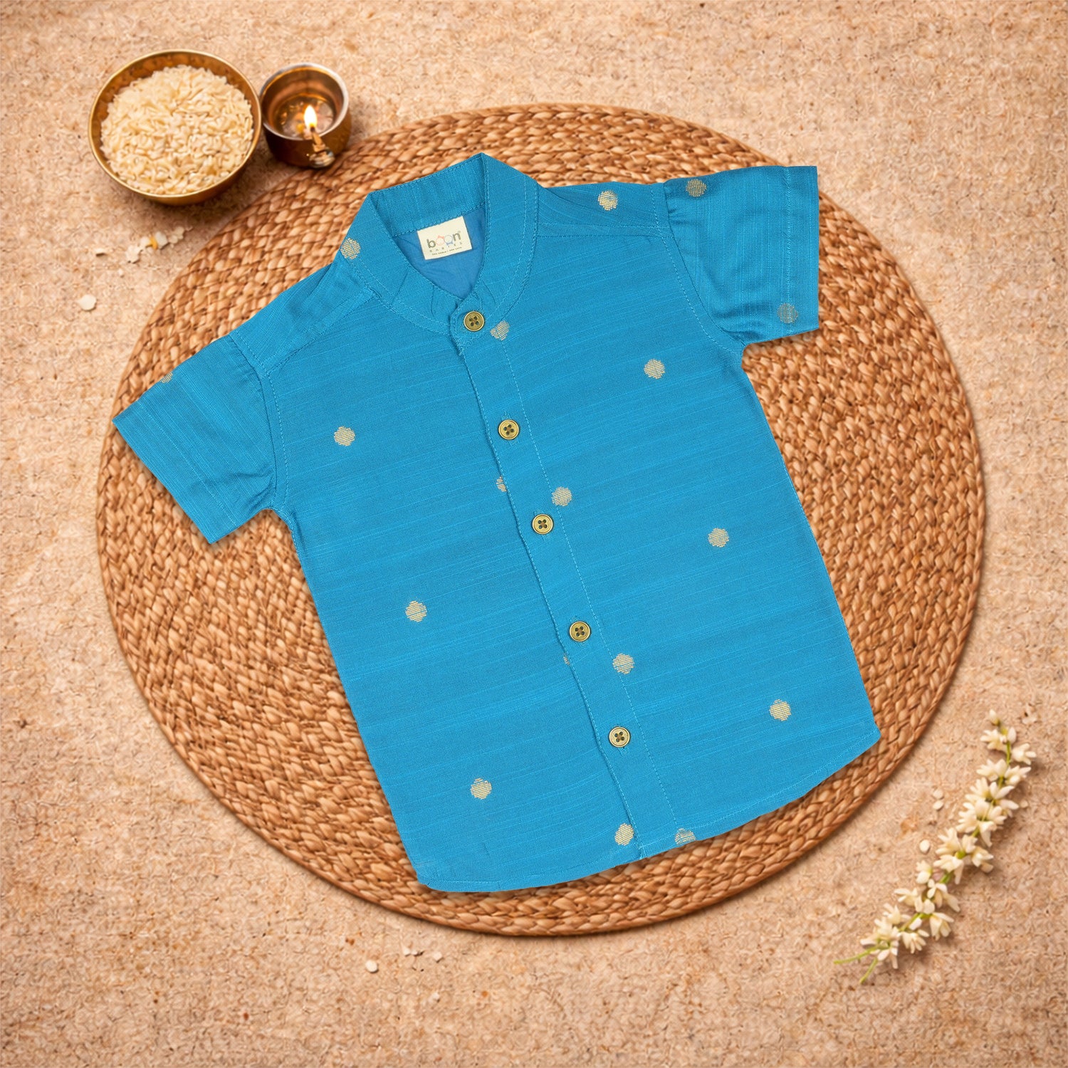 Boys sky blue silk butta shirt and matching dhoti set by Booon Babies, traditional festive ethnic wear for boys.