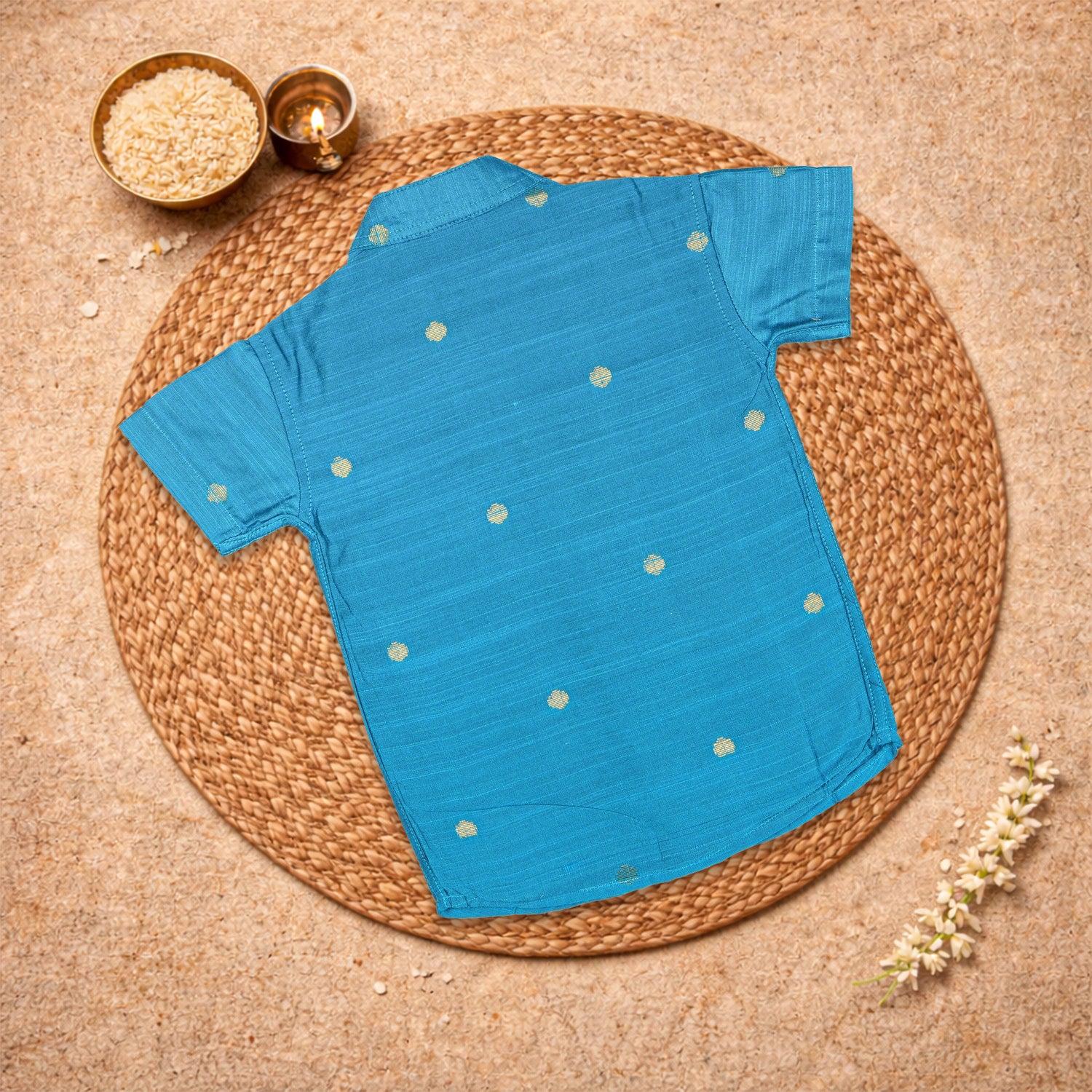 Boys sky blue silk butta shirt and dhoti set by Booon Babies, traditional festive ethnic wear for boys, with intricate silk details.