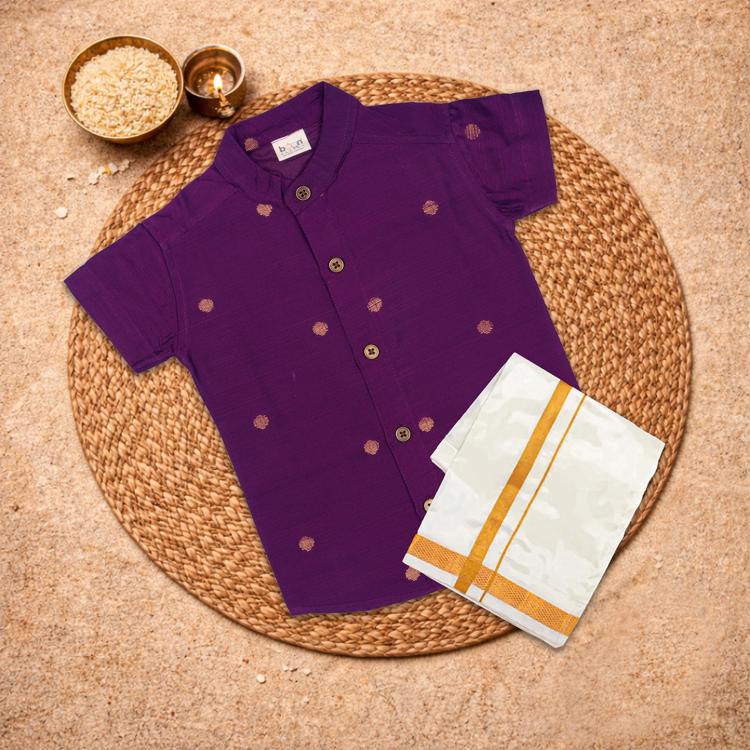 Deep purple raw silk ethnic shirt and dhoti set for festive wear by Boon Babies, showcasing elegant traditional Indian attire.