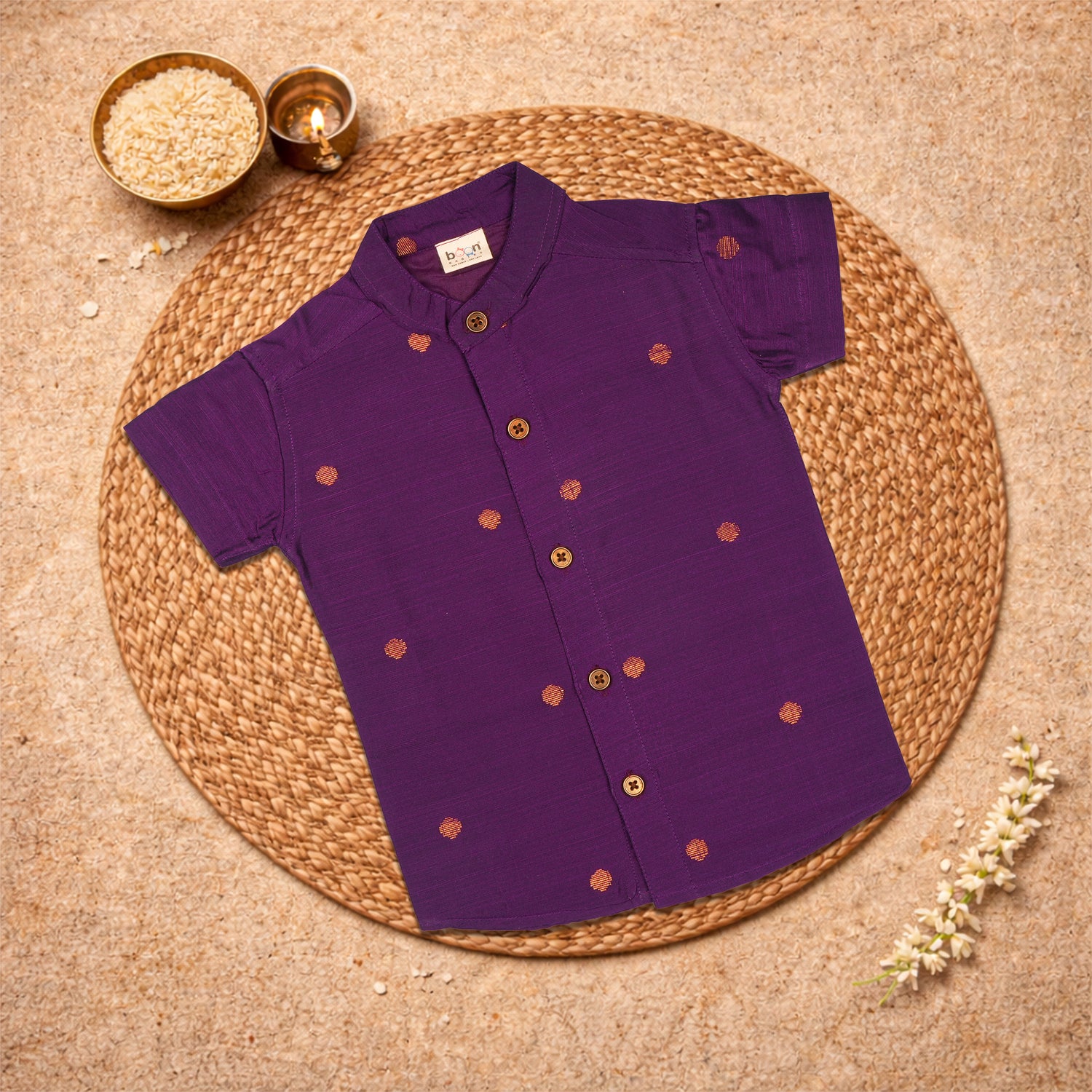Deep purple premium raw silk ethnic shirt and dhoti set for festive wear by Boon Babies, with intricate traditional details.