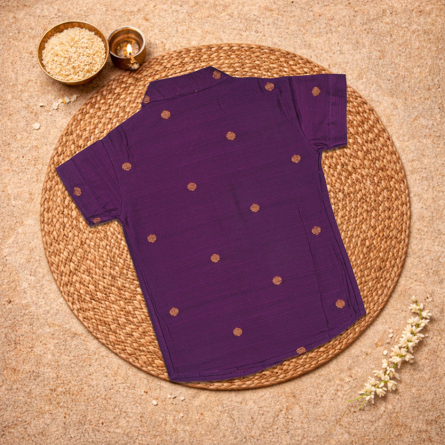 Deep purple raw silk ethnic shirt and dhoti set by Boon Babies, festive wear for traditional occasions.