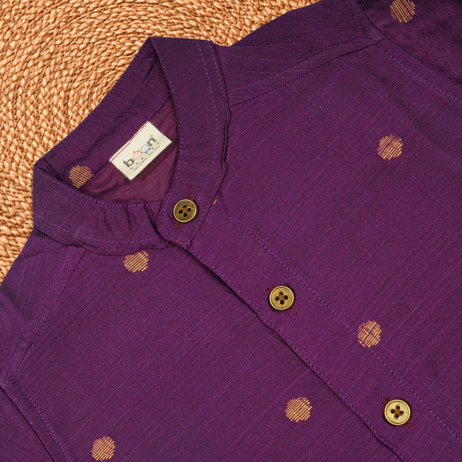 Deep purple raw silk ethnic shirt and dhoti set for festive wear by Boon Babies, featuring traditional Indian craftsmanship.