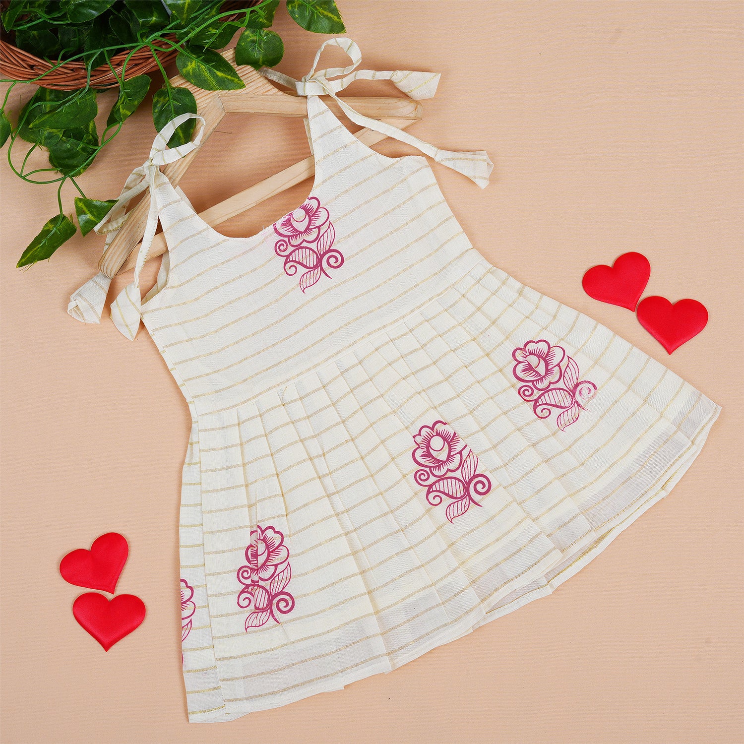 Cream Border Frill Knot Frock – Handcrafted Cotton Elegance for Little Blossoms