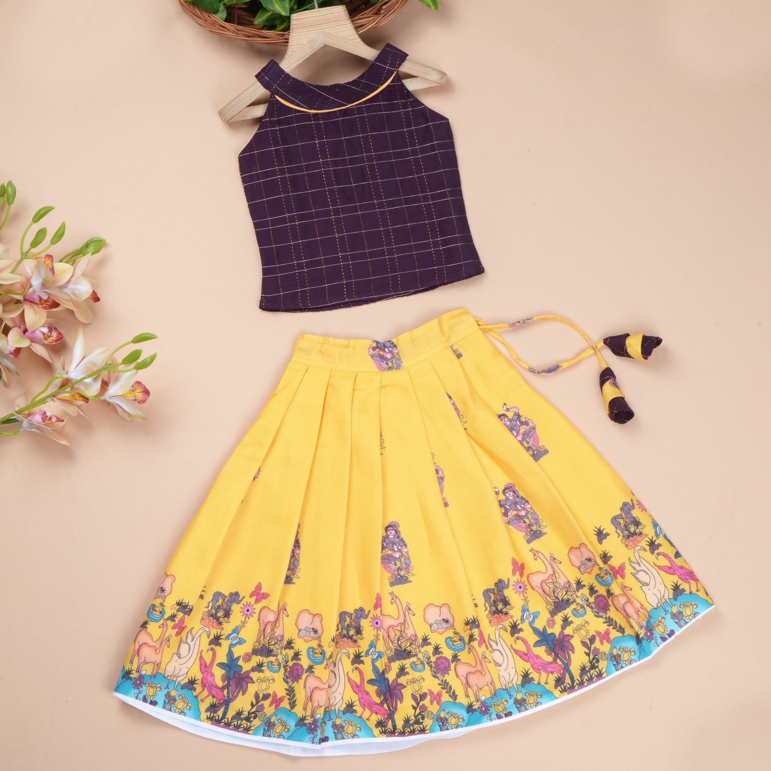 Girls Raw Silk Pichwai Skirt Set