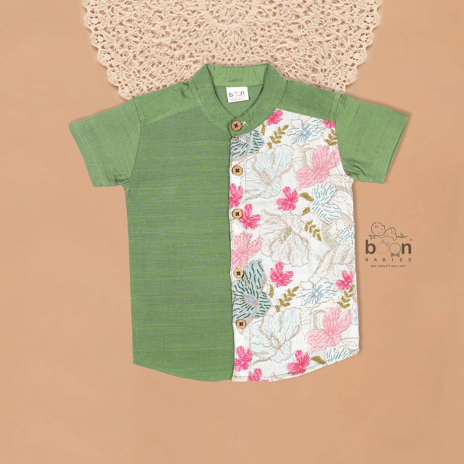 Green Silk Shirt for Boys – Festive Floral Panel Ethnic Wear