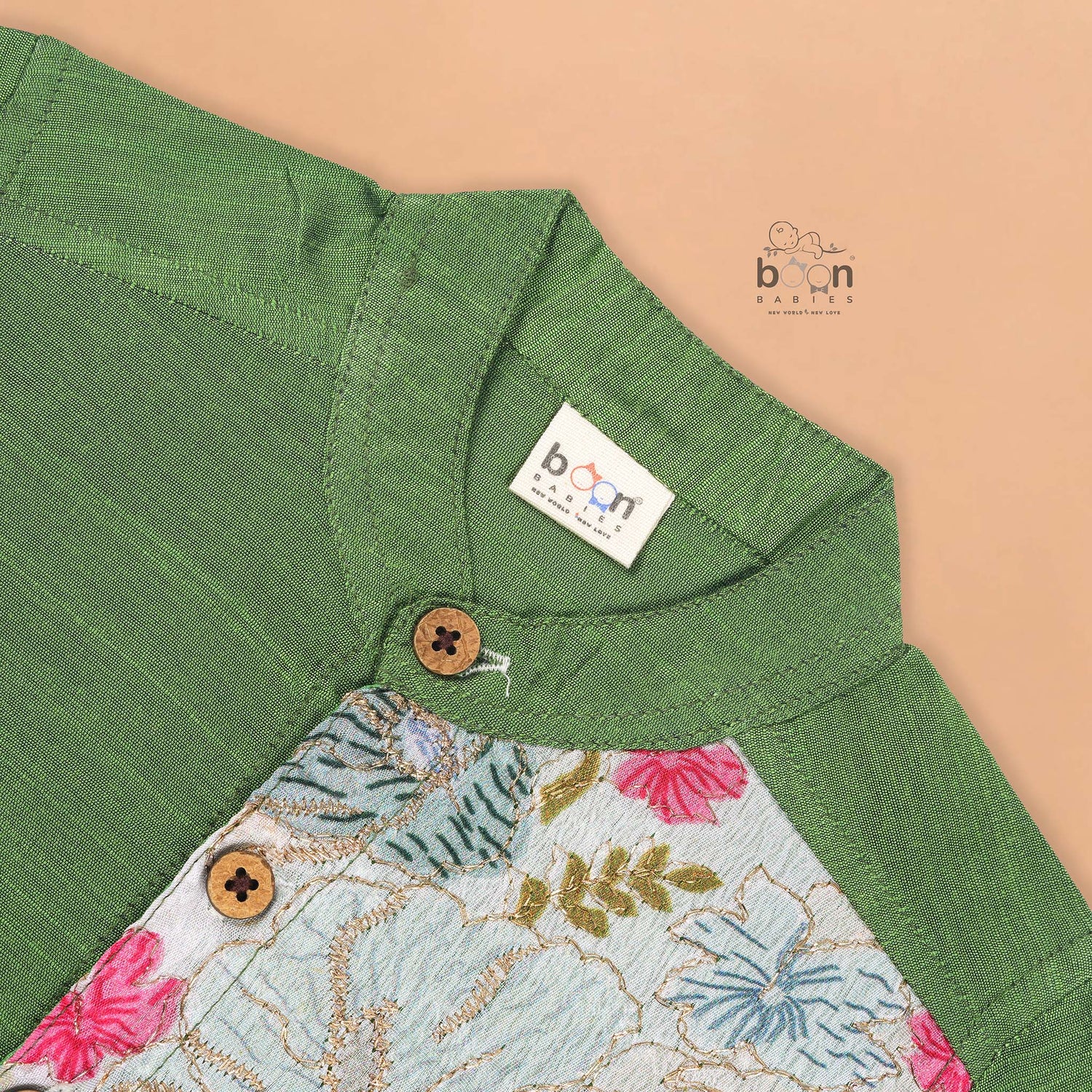 Green Silk Shirt for Boys – Festive Floral Panel Ethnic Wear