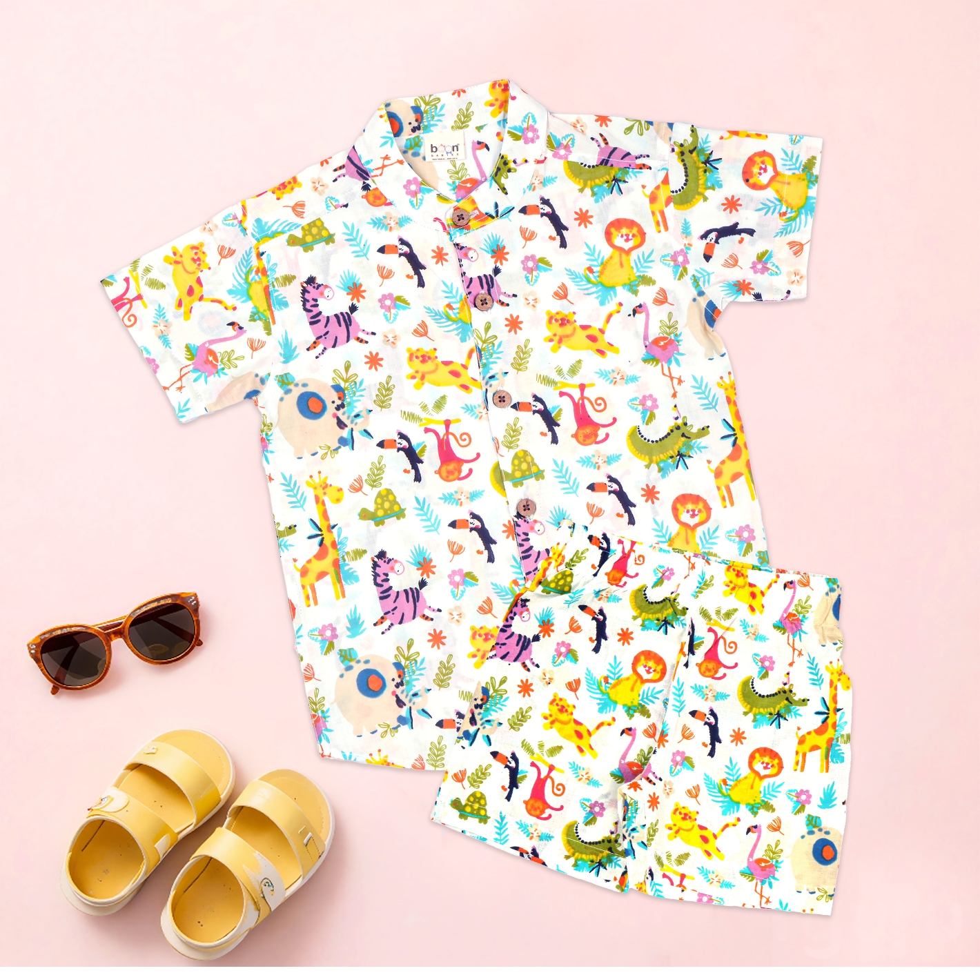 Boon Babies Jungle Pop boys co-ord set with printed shirt and shorts featuring a Chinese collar, suitable for casual wear.