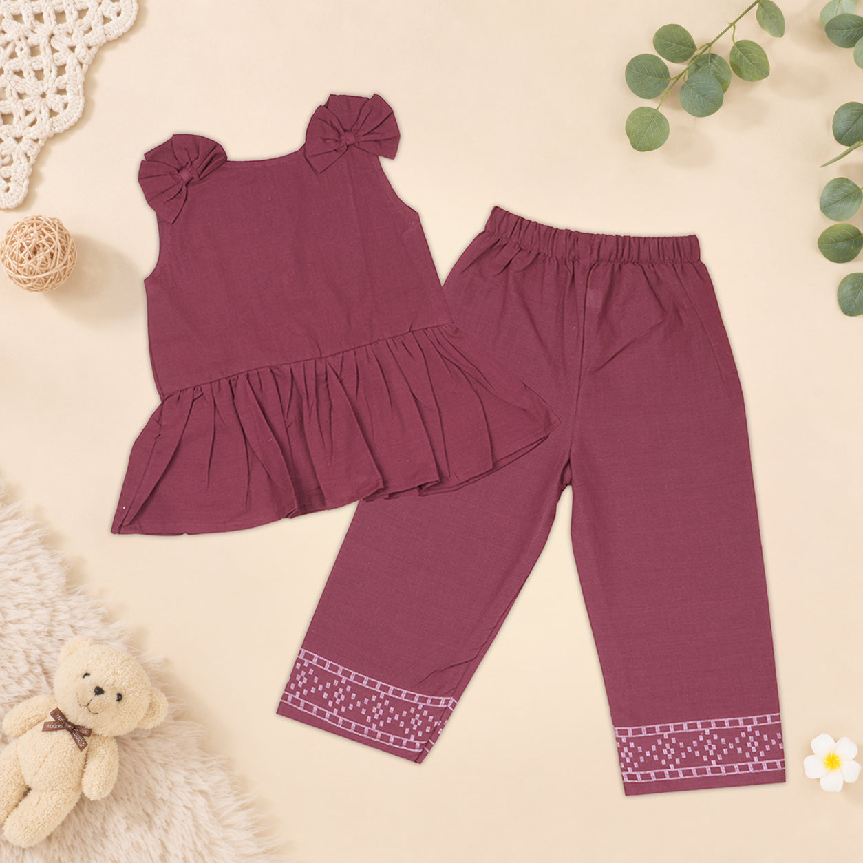 Maroon Handloom Cotton Girls Peplum Top & Pant Set (1–6 Years)
