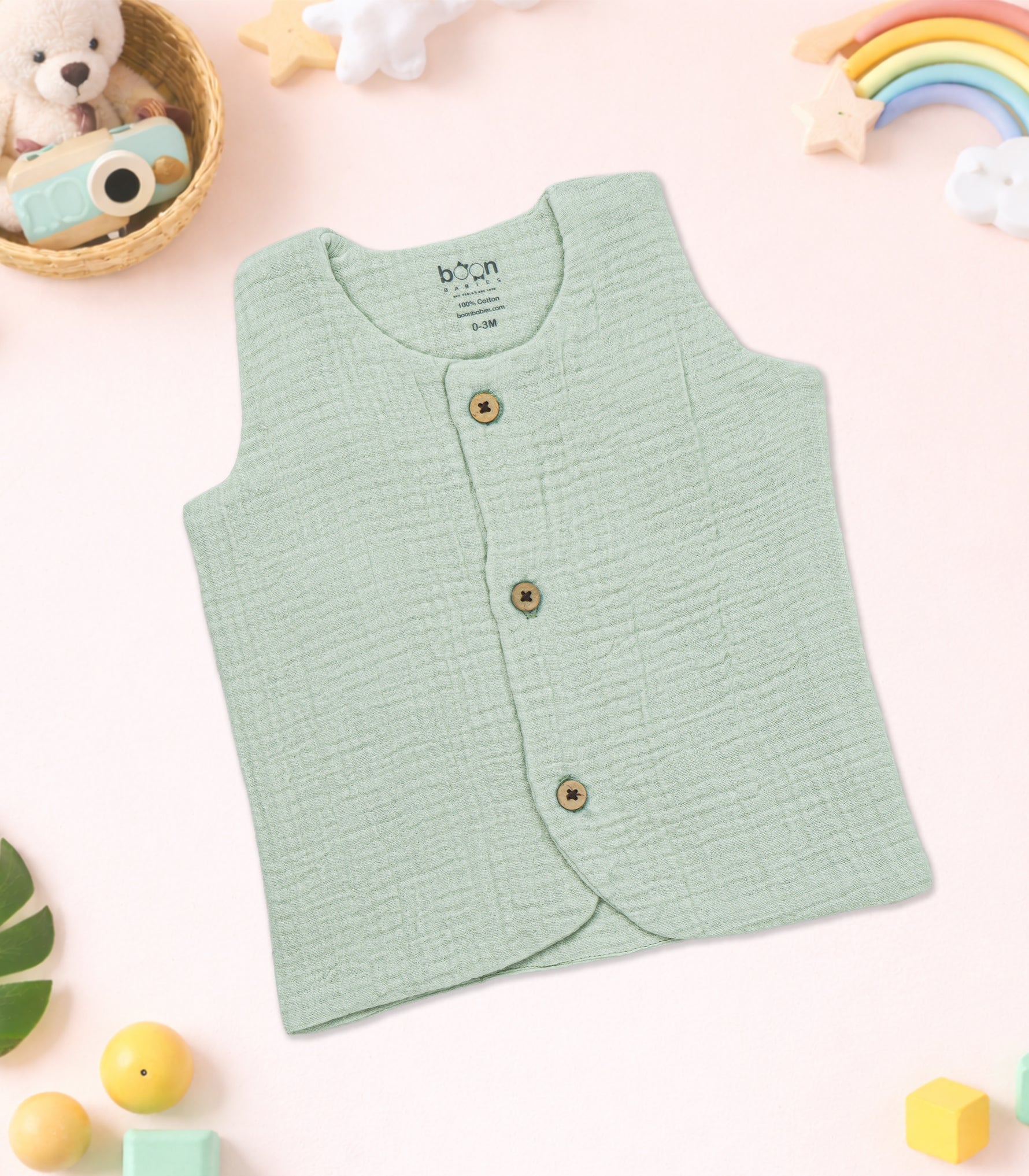 Mint green 4-layer crinkled muslin jabla with wooden buttons — ultra-soft, breathable daily wear for NB–6M.