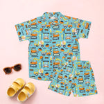 Boon Babies Aqua Truck print boys co-ord set with Chinese collar shirt and matching shorts, suitable for casual wear.